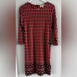 Michael Kors NWT XS Hot Coral Geometric 3/4 Sleeve Sheath Dress 35” Length